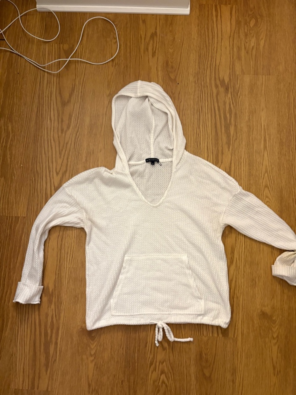 White Hooded Knit Pullover with Front Pocket
